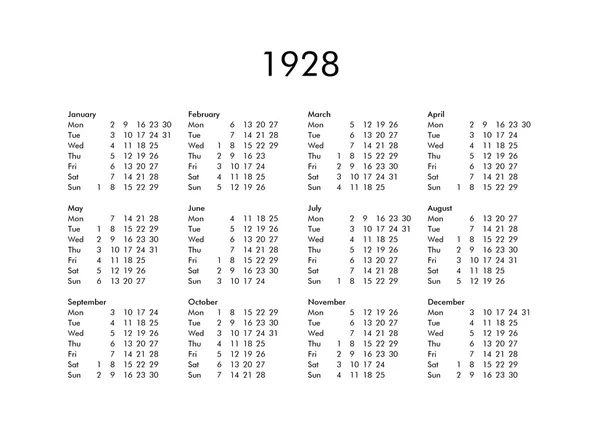 Calendar of year 1928 — Stock Photo, Image