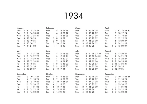 Calendário do ano 1934 — Fotografia de Stock