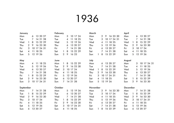1936 年のカレンダー — ストック写真