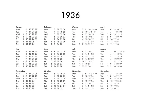 Kalender tahun 1936 — Stok Foto