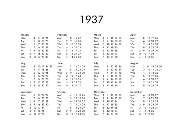 Kalender voor het jaar 1937 — Stockfoto