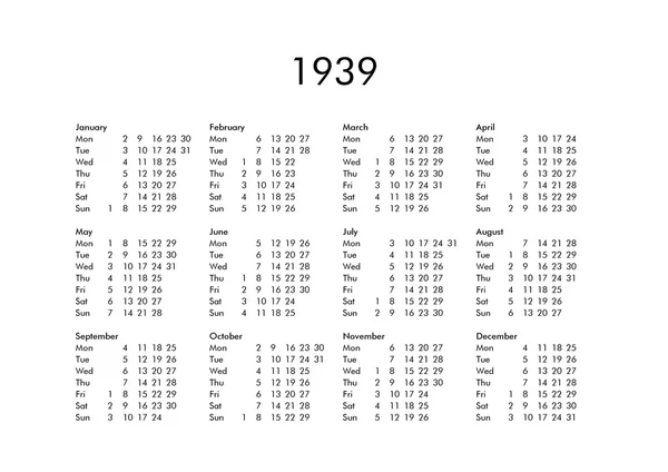 Calendar of year 1939 — Stock Photo, Image