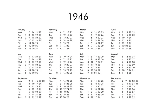 Kalendarz roku 1946 — Zdjęcie stockowe