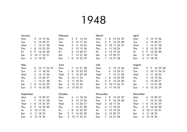 Kalender voor het jaar 1948 — Stockfoto