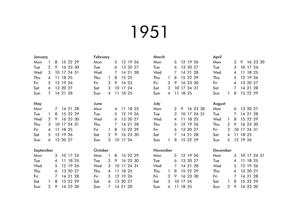 Kalender voor het jaar 1951 — Stockfoto