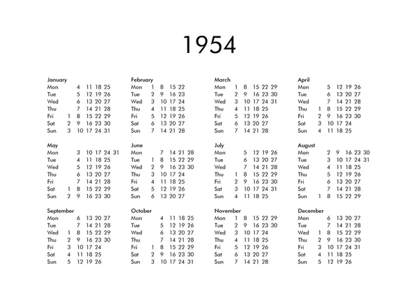 Kalender voor het jaar 1954 — Stockfoto