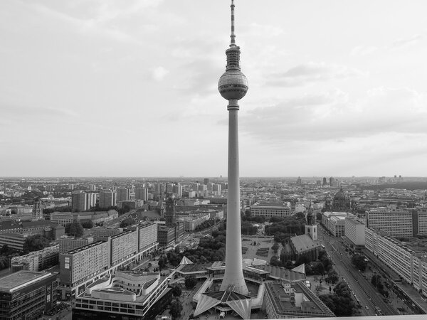BERLIN, GERMANY - CIRCA JUNE 2016: Fersehturm meaning Television tower in Alexanderplatz in black and white