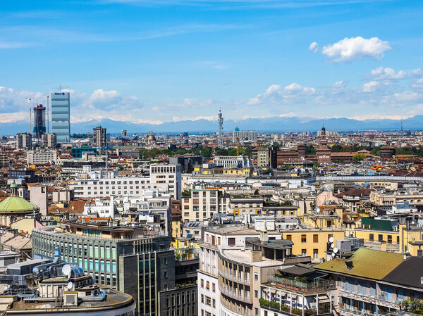 MILAN, ITALY - CIRCA APRIL 2016: Aerial view of the skyline of the city (HDR)