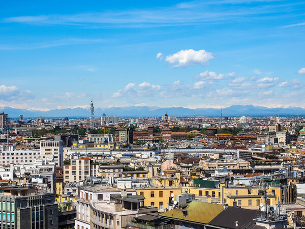 High dynamic range HDR Aerial view of the skyline of the city of Milan, Italy
