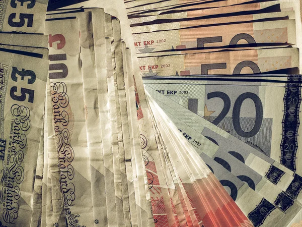 Euro e Libras Vintage notas — Fotografia de Stock