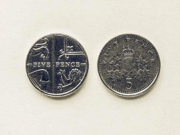 Vintage UK 5 pence coin — Stock Photo, Image