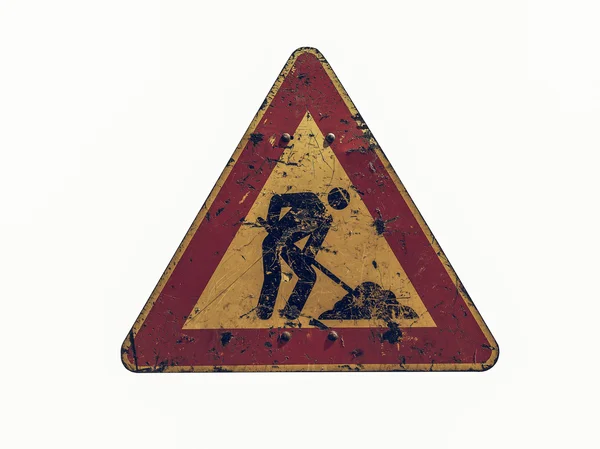 Vintage looking Road works sign isolated — Stock Photo, Image