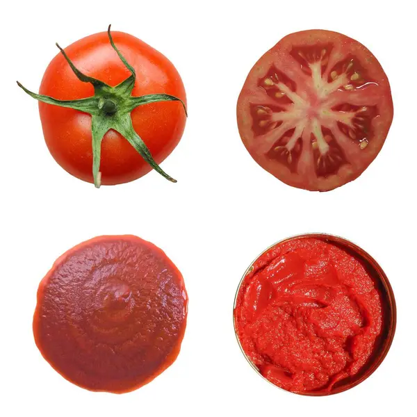 Tomaten Food Collage Mit Vollem Obst Scheiben Ketchup Und Tomatensauce — Stockfoto