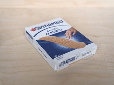 MANTOVA, ITALY - CIRCA DECEMBER 2020: FarmaMed band aid packet