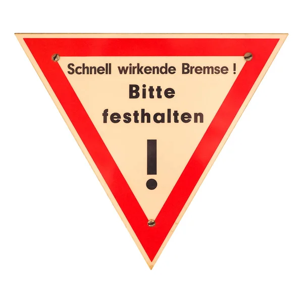 Γερμανική Πινακίδα Κυκλοφορίας Απομονωμένη Λευκό Φόντο Schnell Wirkende Bremse Bitte — Φωτογραφία Αρχείου