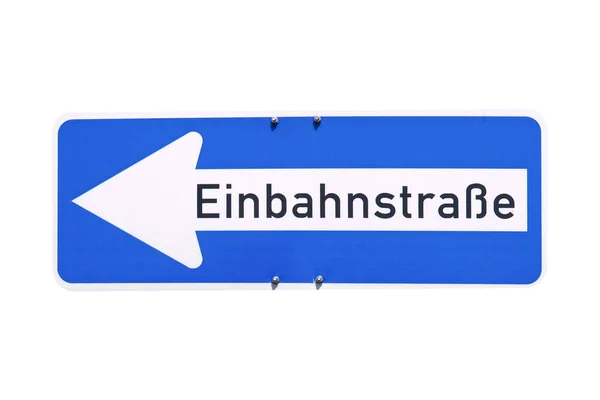 표지판은 백지에 고립되어 있었습니다 Einbahnstrasse 하나의 — 스톡 사진