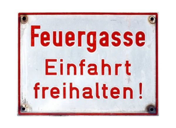 German Traffic Sign Isolated White Background Feuergasse Einfahrt Freihalten Translation — Stock Photo, Image