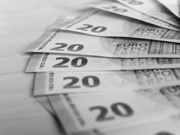 Euro Banknotları Sikkeler Eur Avrupa Birliği Para Birimi Siyah Beyaz — Stok fotoğraf