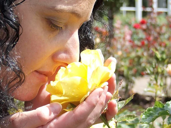 黄色のバラの庭の女性は — ストック写真