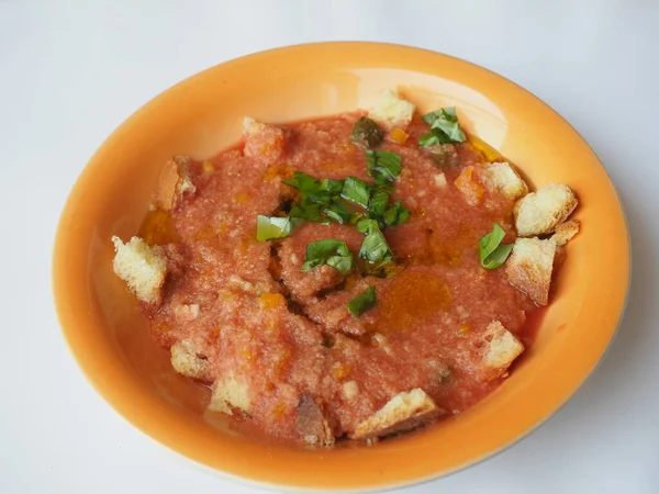 Gericht Aus Spanischer Gazpacho Suppe Aus Tomatensuppe Und Brot — Stockfoto
