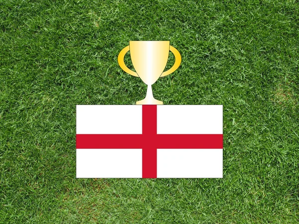 Győztes Kupa Anglia Zászló Felett Futball Játéktér Rét — Stock Fotó