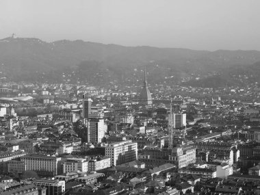 İtalya 'nın Torino kentinin hava manzarası. Piazza Castello meydanı siyah beyaz.