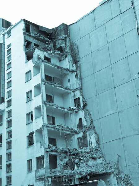 House debris following blast bombing and demolition - cool cyanotype