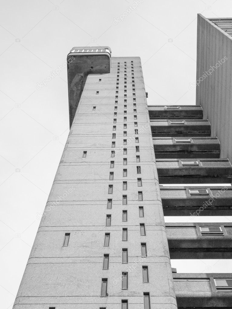 Black and white Trellick Tower in London