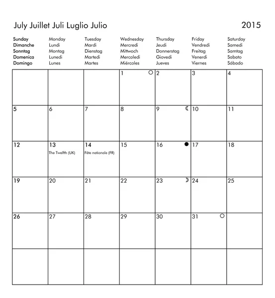 到 2015 年 7 月的日历 — 图库照片