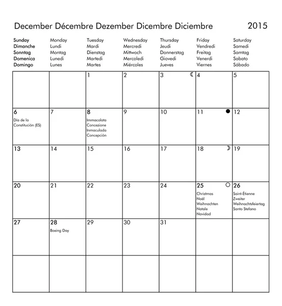 到 2015 年 12 月的日历 — 图库照片