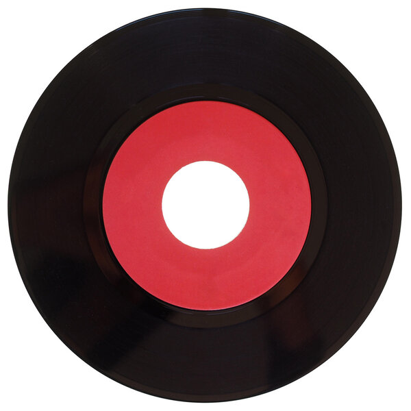 Vinyl record vintage analog music recording medium, 45rpm single with red label isolated over white