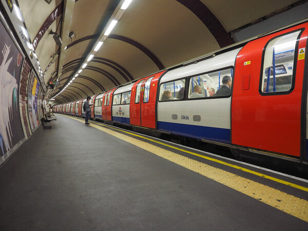 Tube train at platform in London