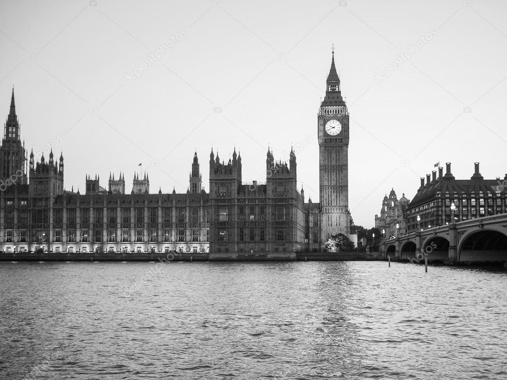 Black and white Houses of Parliament in London