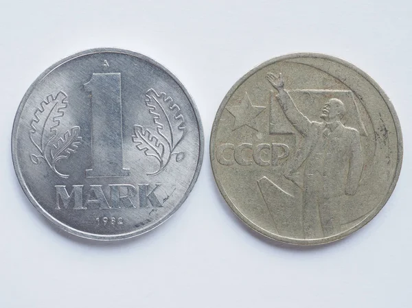 Vintage Russian ruble coin and German mark coin — Stock Photo, Image