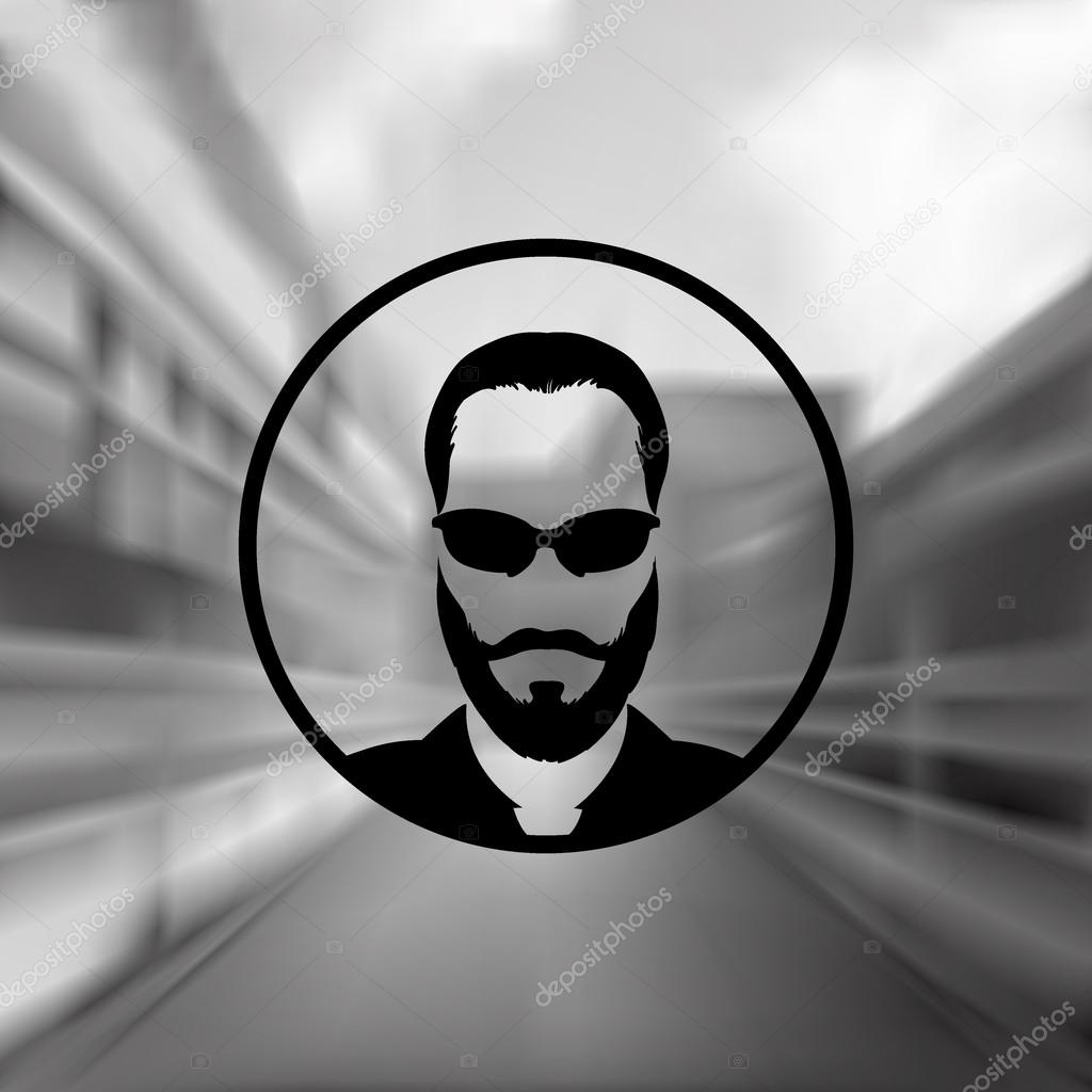 Vector silhouette of a stylish young man with a beard in sunglasses on a blurred background. Logo, picture, design element.