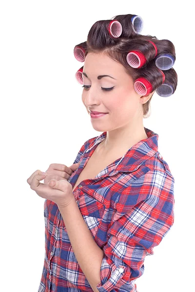 Girl with hair curlers rollers — Stock Photo, Image