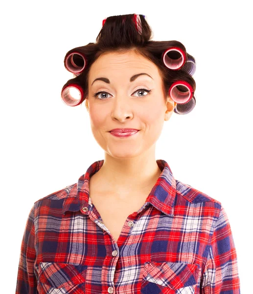 Mosolygó lány hajcsavarók — Stock Fotó