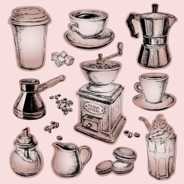 Elle çizilmiş ayarla kahve vektör çizim