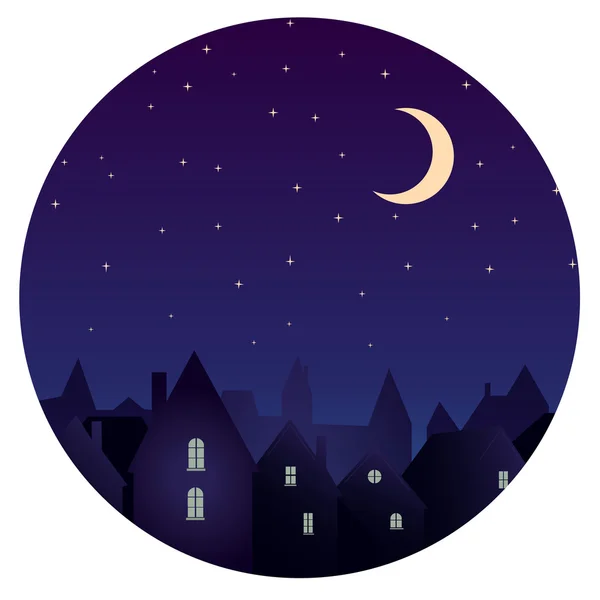 Σιλουέτα της πόλης και νύχτα ουρανό με τα αστέρια και το φεγγάρι — Διανυσματικό Αρχείο