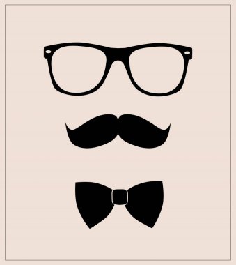 İnek suratlı. Hippi tarzı papyon, gözlük ve bıyık. Vektör soyut illüstrasyon arka planı. Erkekler bakar.