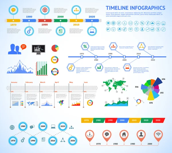 zaman çizelgesi Infographic diyagramları ve metin ile kümesi. vektör konsept illüstrasyon iş sunumu, kitapçık, web sitesi vb için.