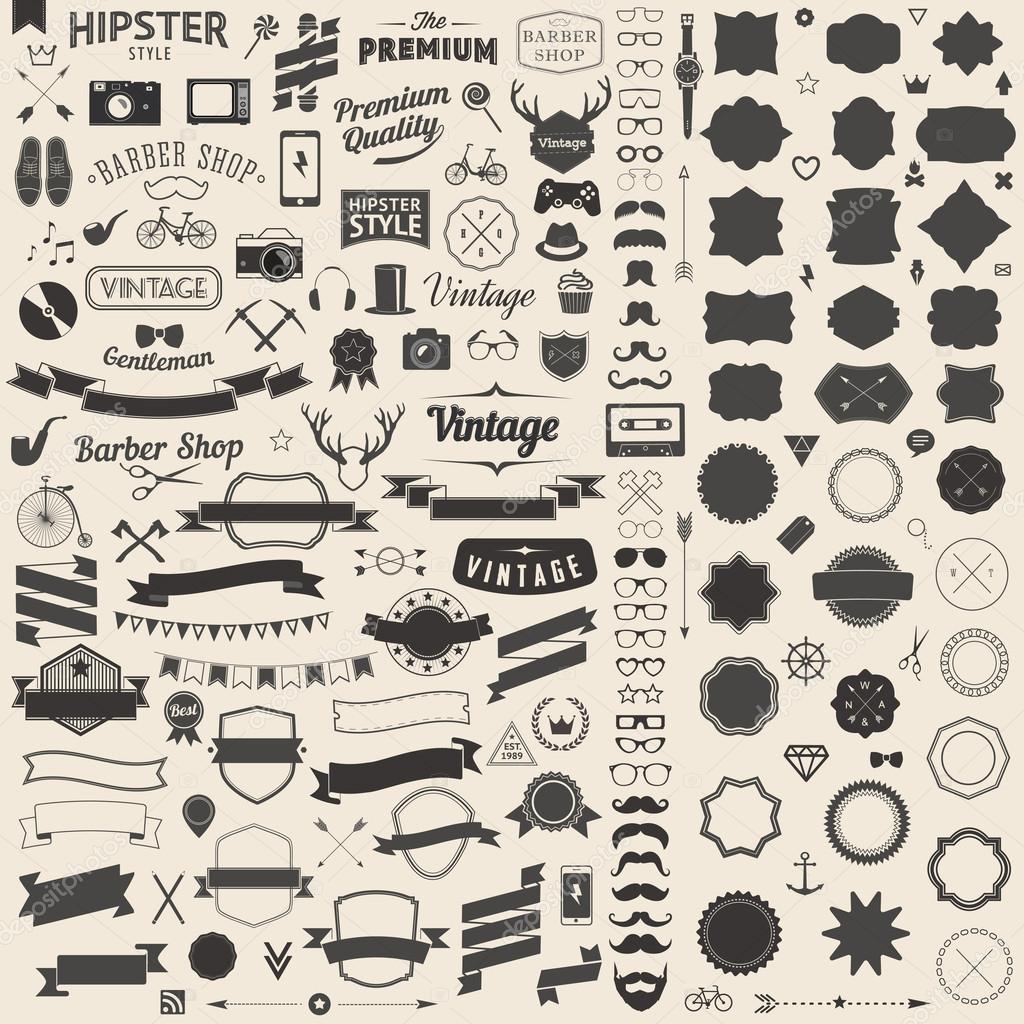 Huge set of vintage styled design hipster icons. Vector signs and symbols templates for your design.The largest set of bicycle, phone, gadgets, sunglasses, mustache, anchor, ribbons infographcs element and other things.