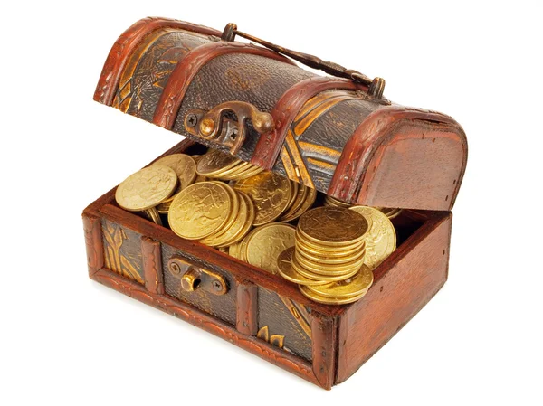 Arany érmék és kincses ládák — Stock Fotó