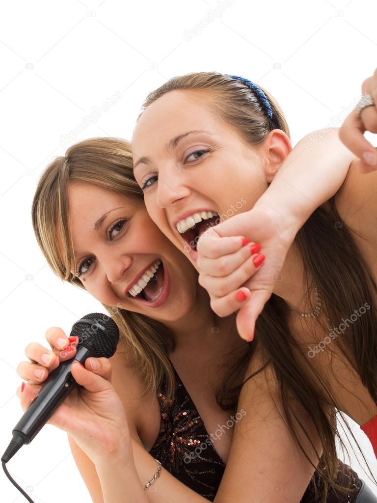 Girls singing karaoke