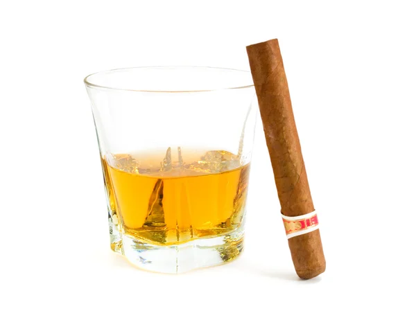 Cigar in glass and whiskey — Stock Photo, Image