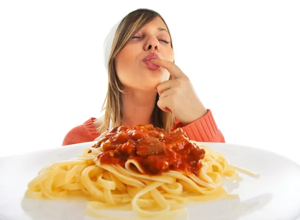 Chef-kok met spaghetti bolognese Rechtenvrije Stockafbeeldingen