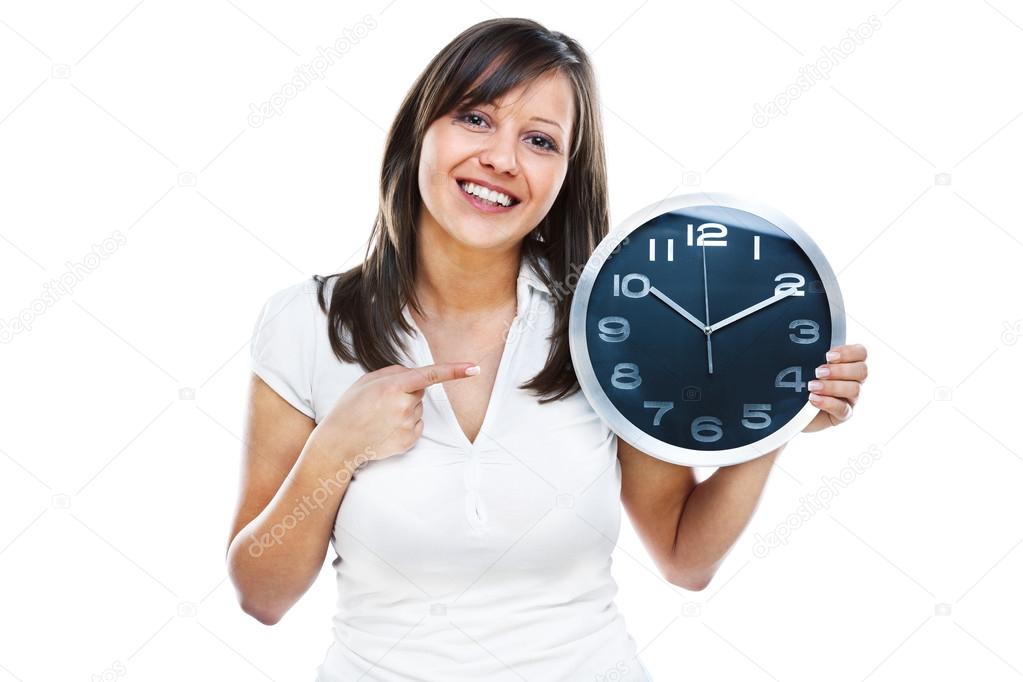 Woman pointing on clock