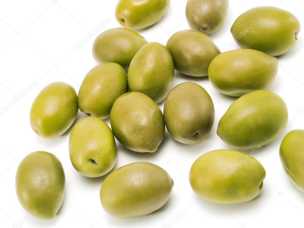 Green olives on white