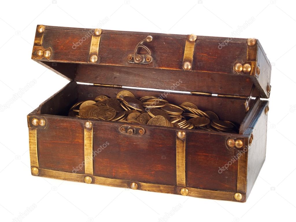 Open treasure chest with gold coins isolated on white Stock Photo