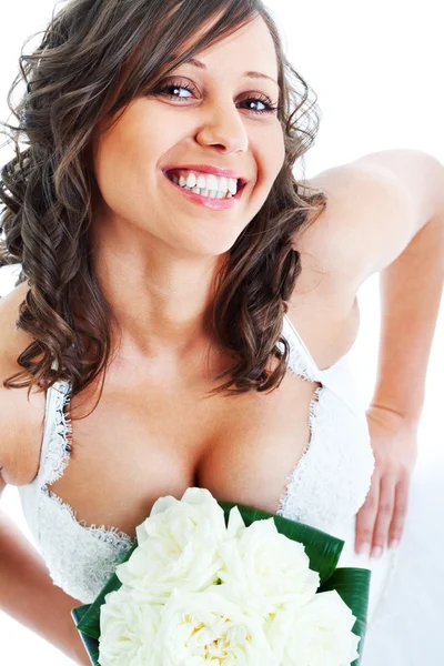年轻的新娘婚礼的花束与 — 图库照片